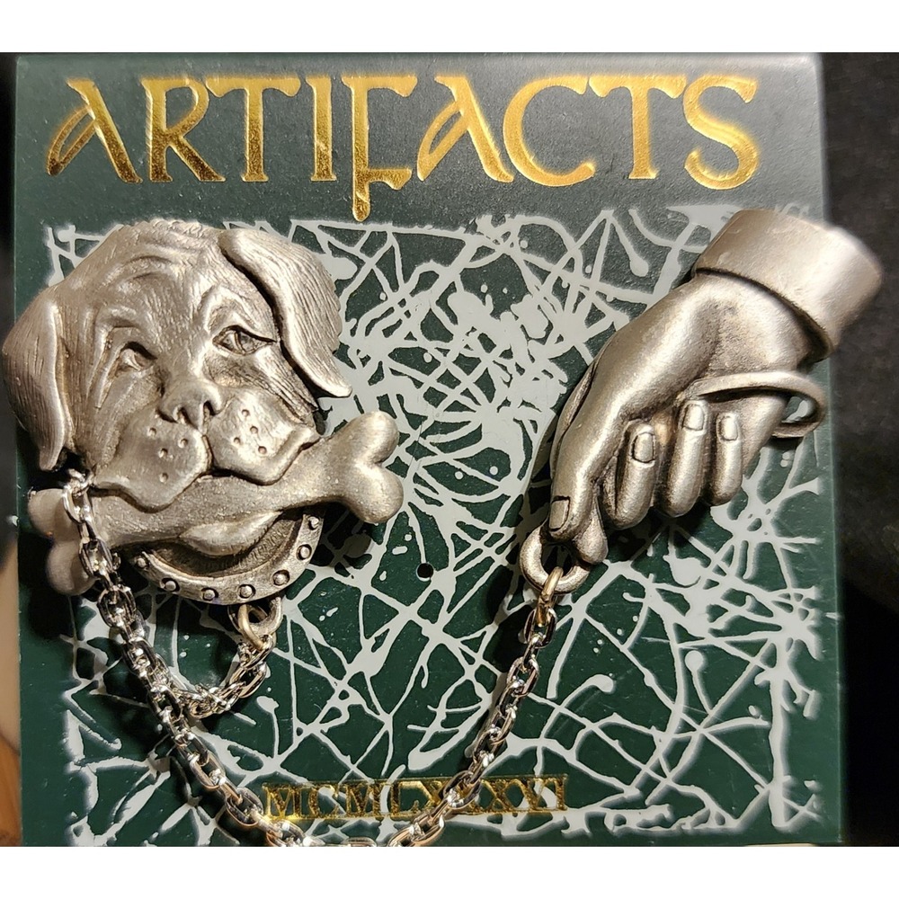 JJ Jonette Dog with Bone and Hand Leash Pewter Chain Brooch Pin Artifacts 1996